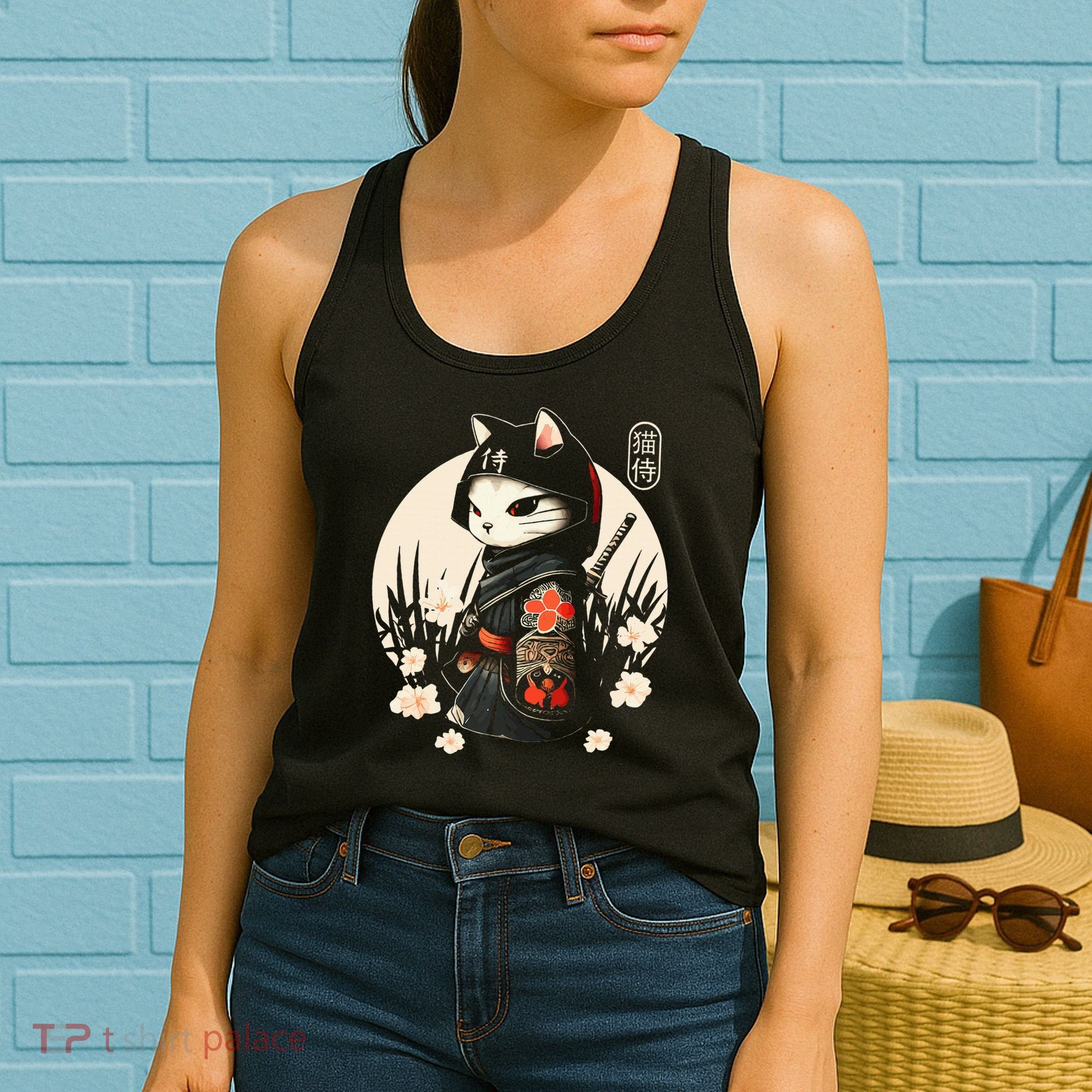 Japanese Samurai Cat Tattoo Kawaii Ninja Cat Women's Tank Top