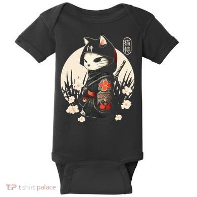 Japanese Samurai Cat Tattoo Kawaii Ninja Cat Baby Bodysuit