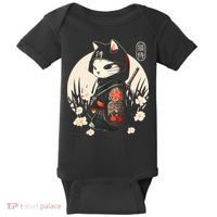 Japanese Samurai Cat Tattoo Kawaii Ninja Cat Baby Bodysuit thumb 0