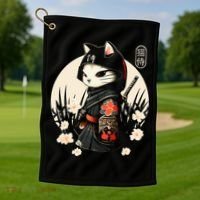 Japanese Samurai Cat Tattoo Kawaii Ninja Cat Golf Towel thumb 1