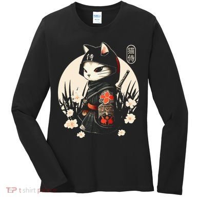 Japanese Samurai Cat Tattoo Kawaii Ninja Cat Women's Long Sleeve Shirt