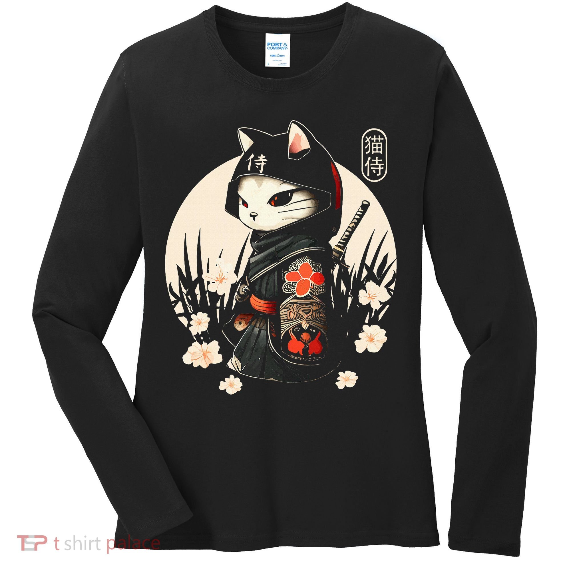 Japanese Samurai Cat Tattoo Kawaii Ninja Cat Women's Long Sleeve Shirt