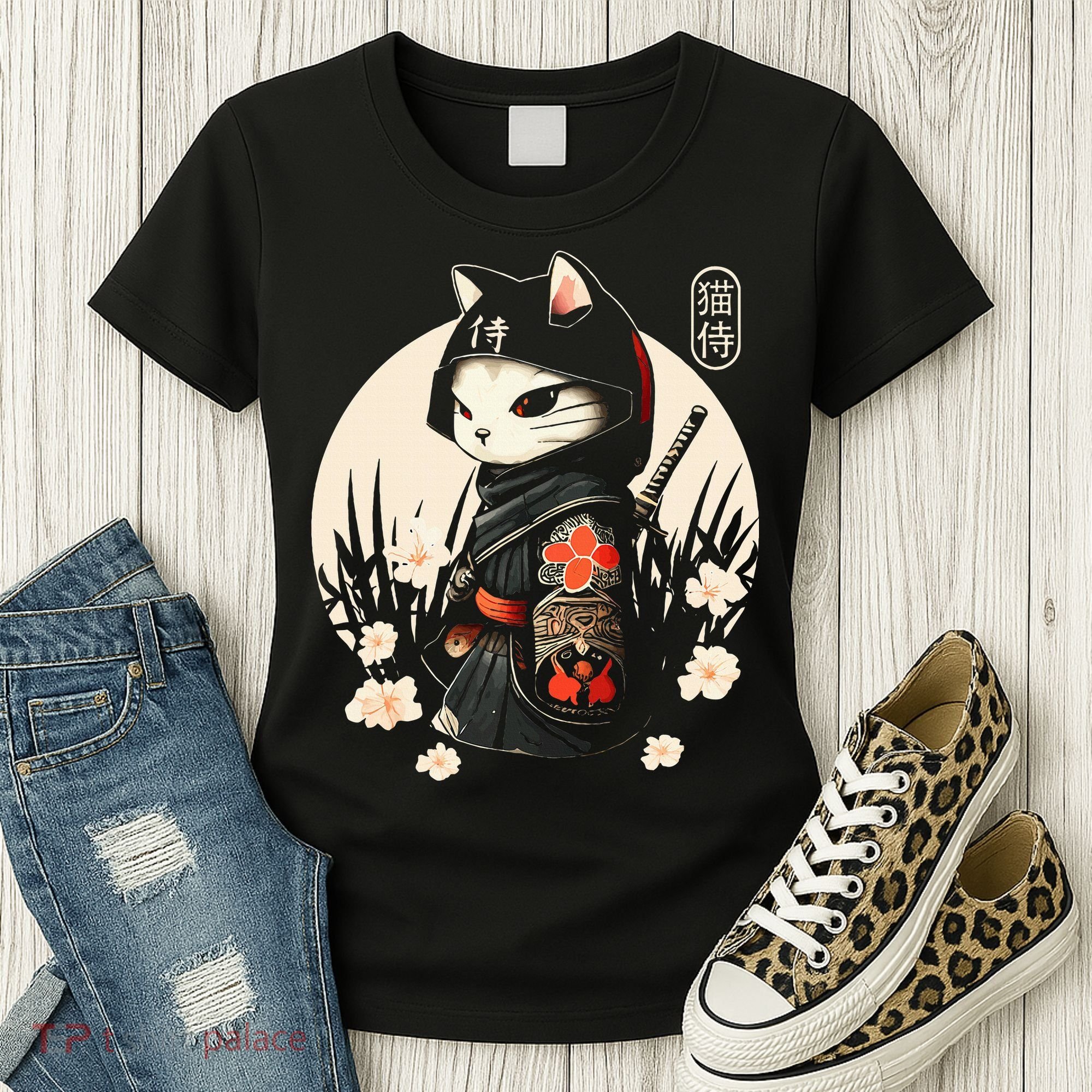 Japanese Samurai Cat Tattoo Kawaii Ninja Cat Women's T-Shirt