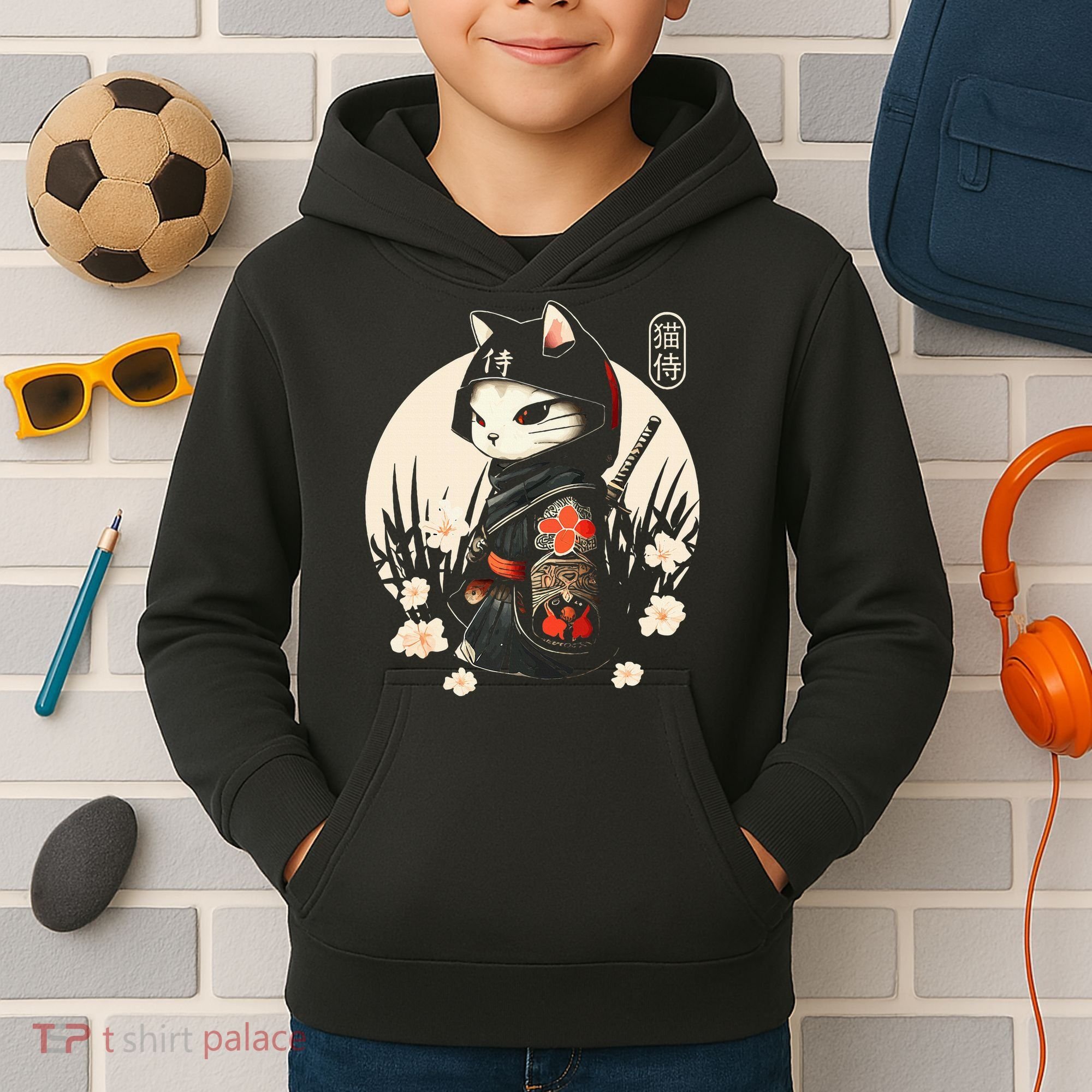 Japanese Samurai Cat Tattoo Kawaii Ninja Cat Kids Hoodie