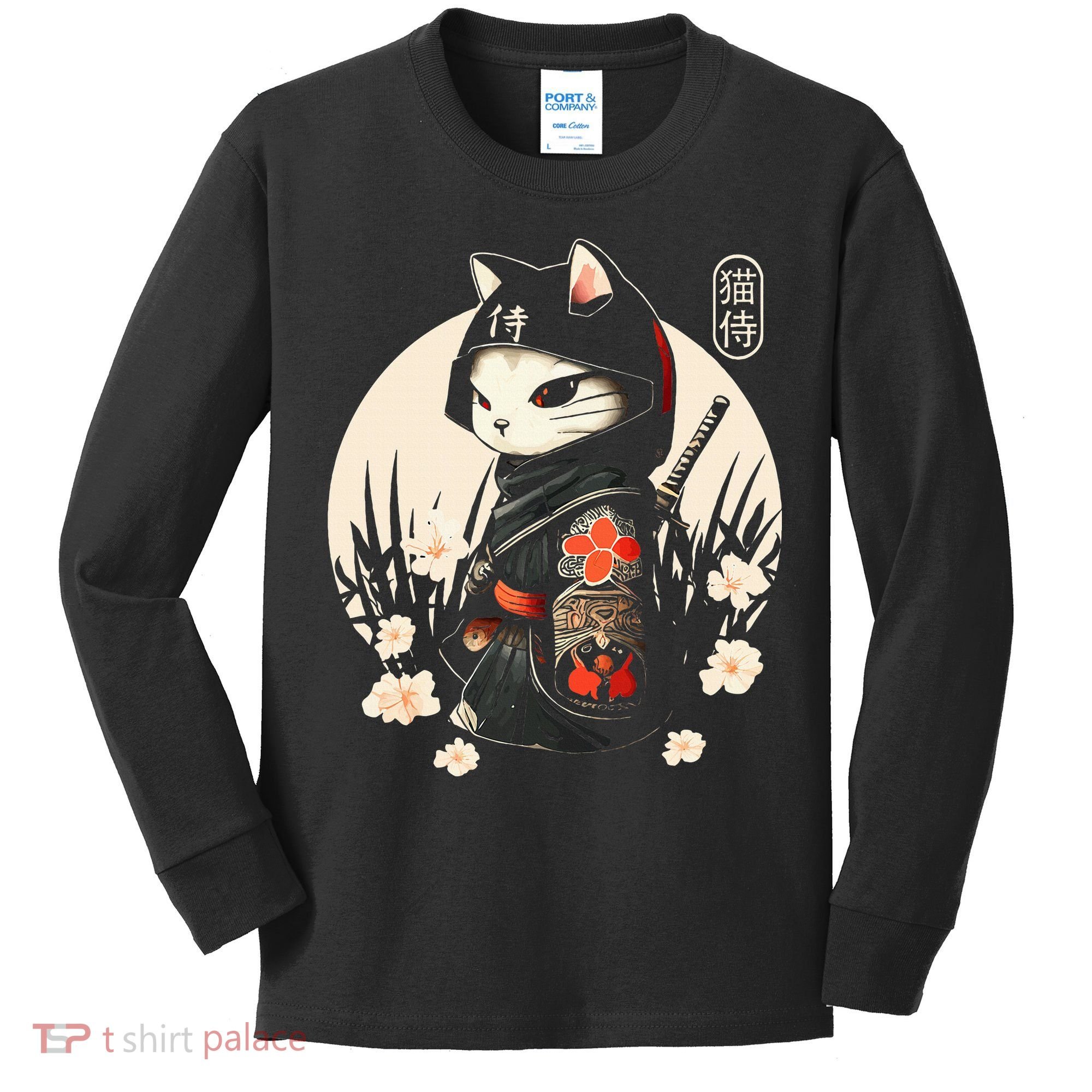 Japanese Samurai Cat Tattoo Kawaii Ninja Cat Kids Long Sleeve Shirt