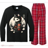 Japanese Samurai Cat Tattoo Kawaii Ninja Cat Kids Long Sleeve Plaid Pajama Set thumb 0