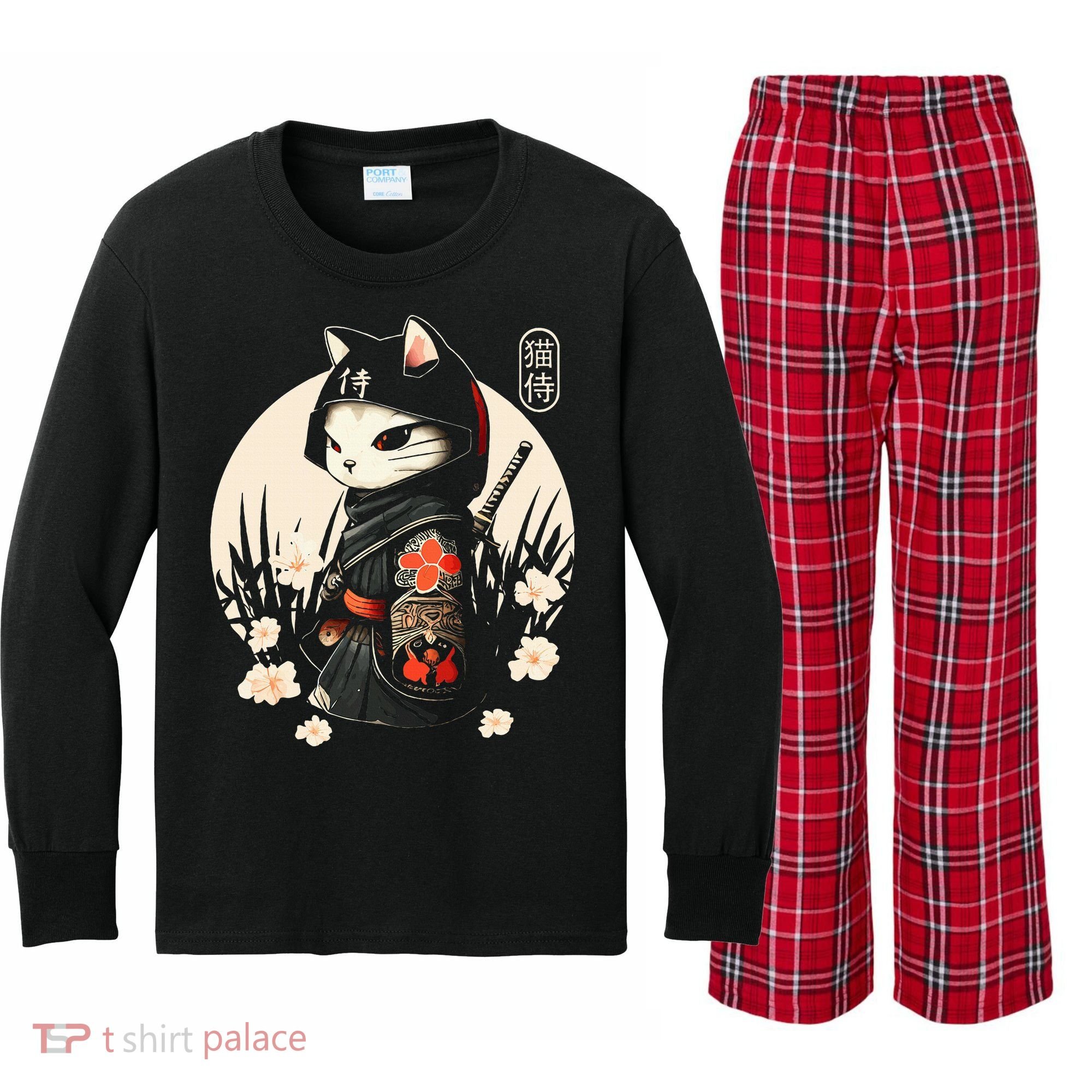 Japanese Samurai Cat Tattoo Kawaii Ninja Cat Kids Long Sleeve Plaid Pajama Set