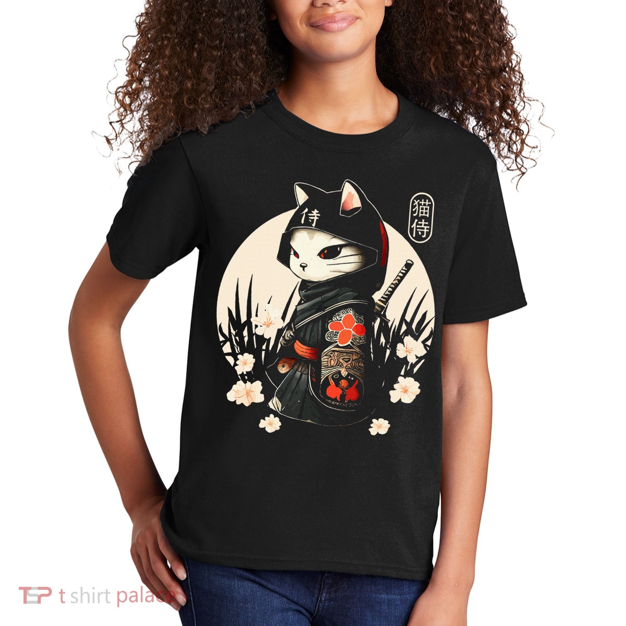 Japanese Samurai Cat Tattoo Kawaii Ninja Cat Kids T-Shirt
