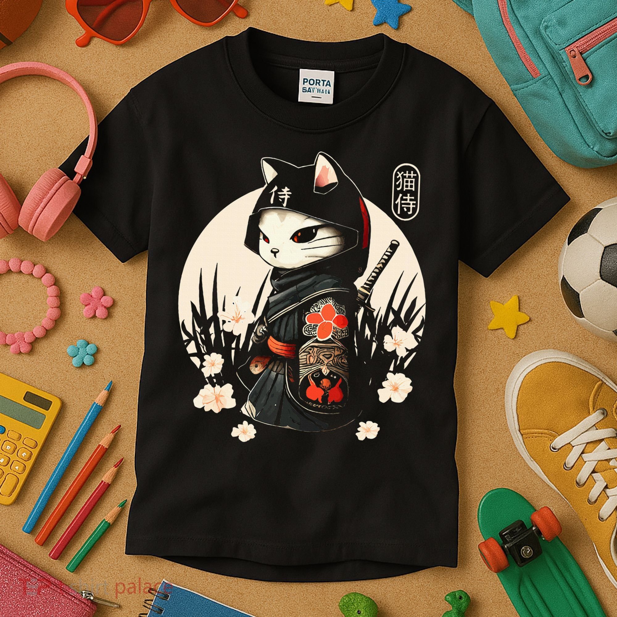 Japanese Samurai Cat Tattoo Kawaii Ninja Cat Kids T-Shirt