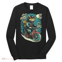 Japanese Samurai Cat On Motorcycle Kawaii Ninja Cat Long Sleeve Shirt thumb 0
