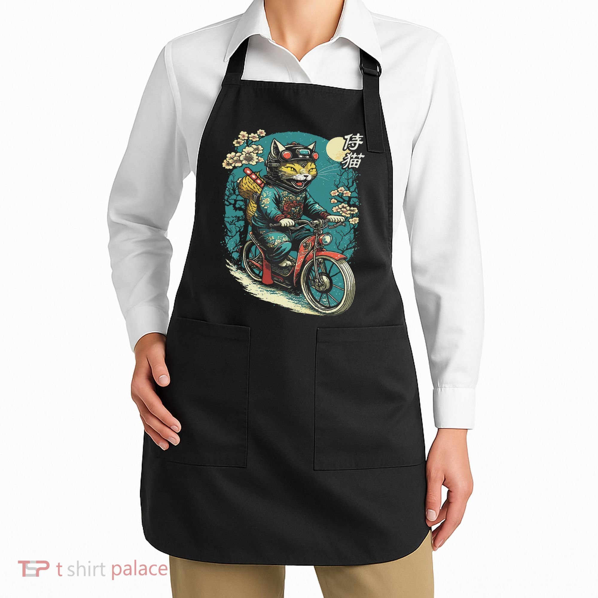 Japanese Samurai Cat On Motorcycle Kawaii Ninja Cat Apron