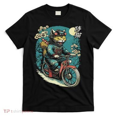Japanese Samurai Cat On Motorcycle Kawaii Ninja Cat T-Shirt