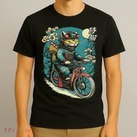 Japanese Samurai Cat On Motorcycle Kawaii Ninja Cat T-Shirt thumb 3