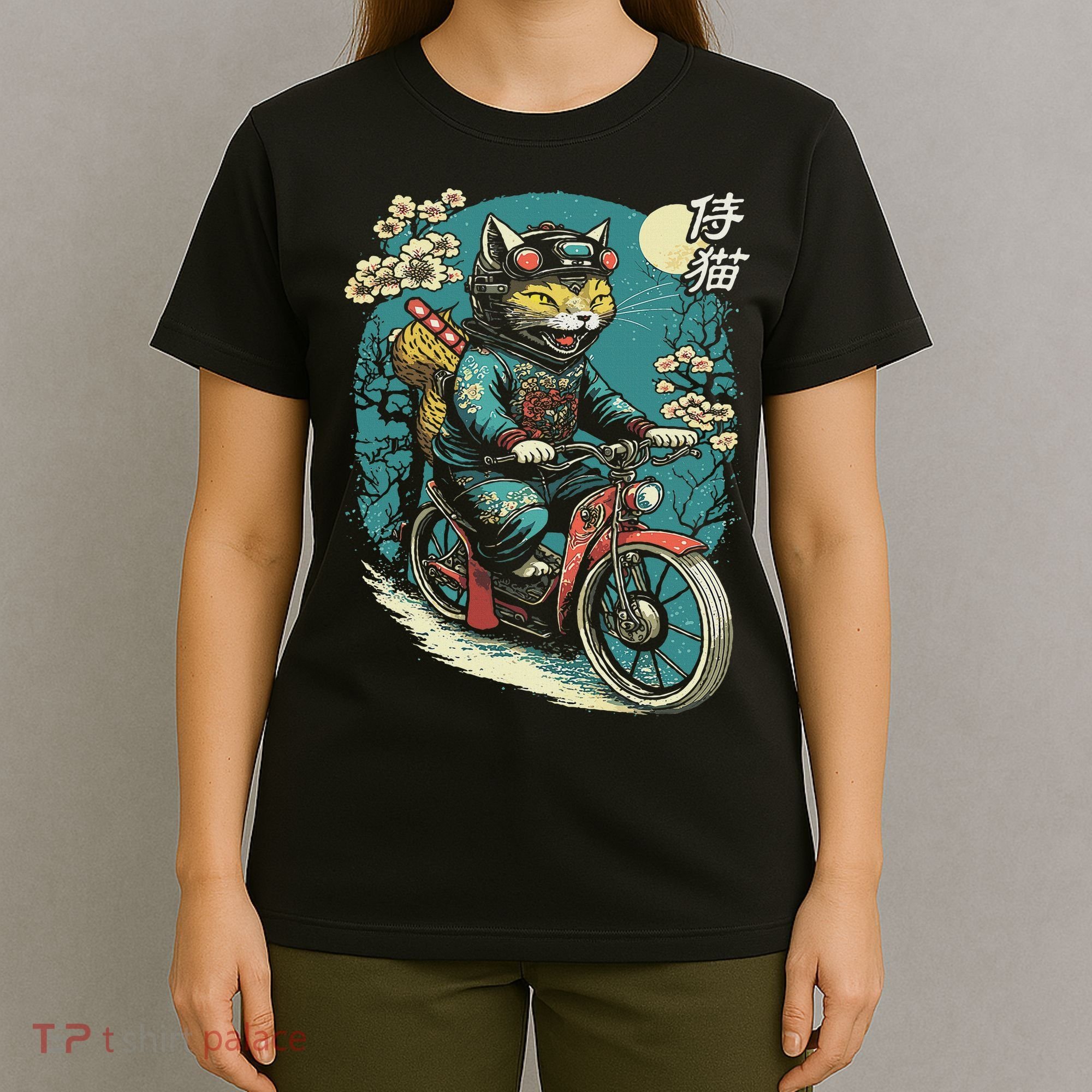 Japanese Samurai Cat On Motorcycle Kawaii Ninja Cat T-Shirt