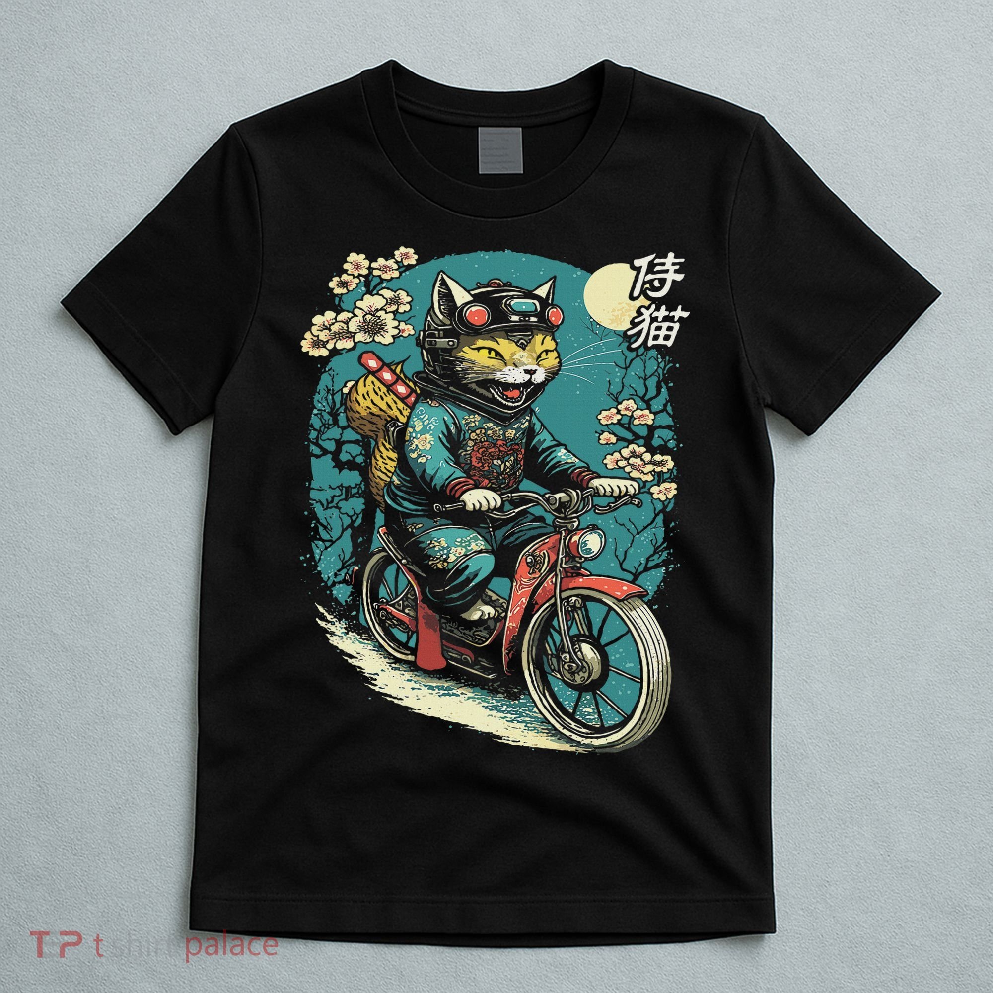 Japanese Samurai Cat On Motorcycle Kawaii Ninja Cat T-Shirt