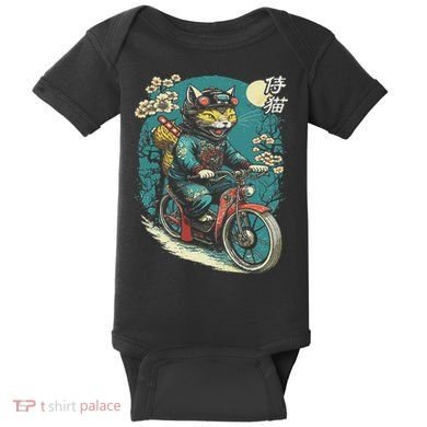 Japanese Samurai Cat On Motorcycle Kawaii Ninja Cat Baby Bodysuit