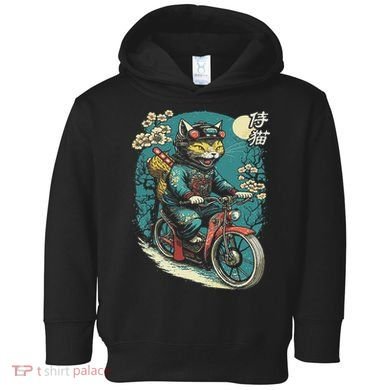 Japanese Samurai Cat On Motorcycle Kawaii Ninja Cat Toddler Hoodie