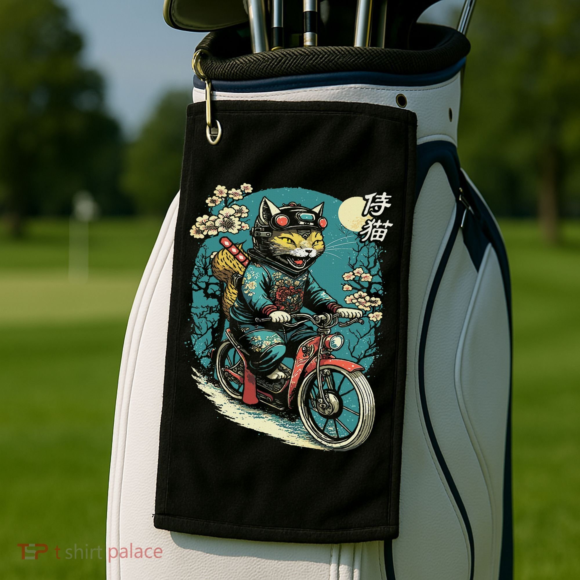 Japanese Samurai Cat On Motorcycle Kawaii Ninja Cat Golf Towel