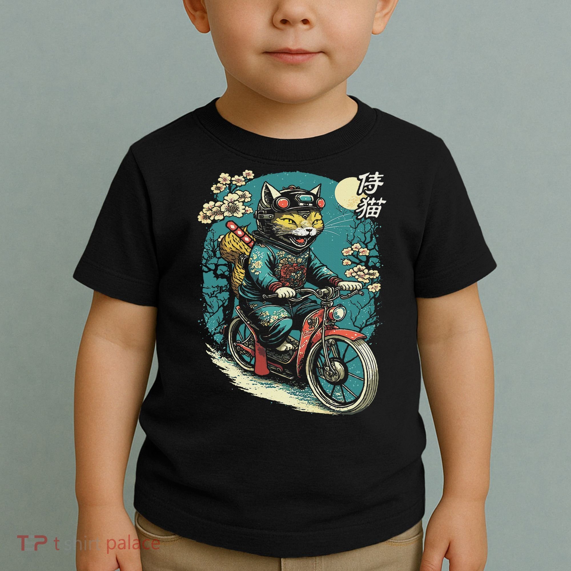 Japanese Samurai Cat On Motorcycle Kawaii Ninja Cat Toddler T-Shirt