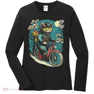 Japanese Samurai Cat On Motorcycle Kawaii Ninja Cat Women's Long Sleeve Shirt