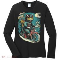 Japanese Samurai Cat On Motorcycle Kawaii Ninja Cat Women's Long Sleeve Shirt thumb 0