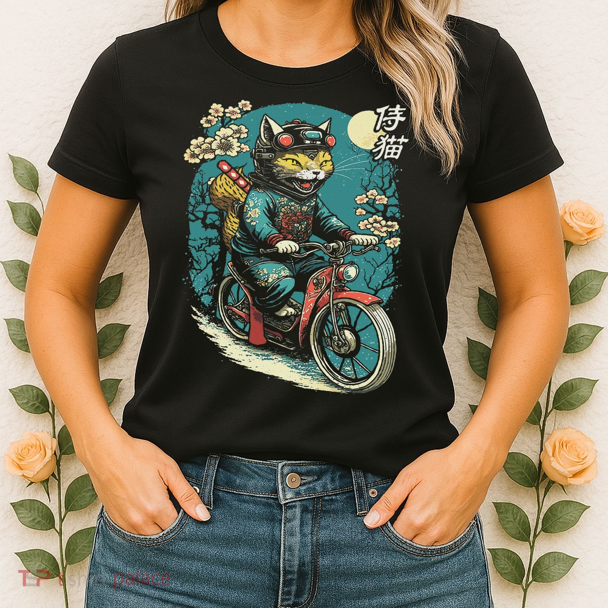 Japanese Samurai Cat On Motorcycle Kawaii Ninja Cat Women's T-Shirt