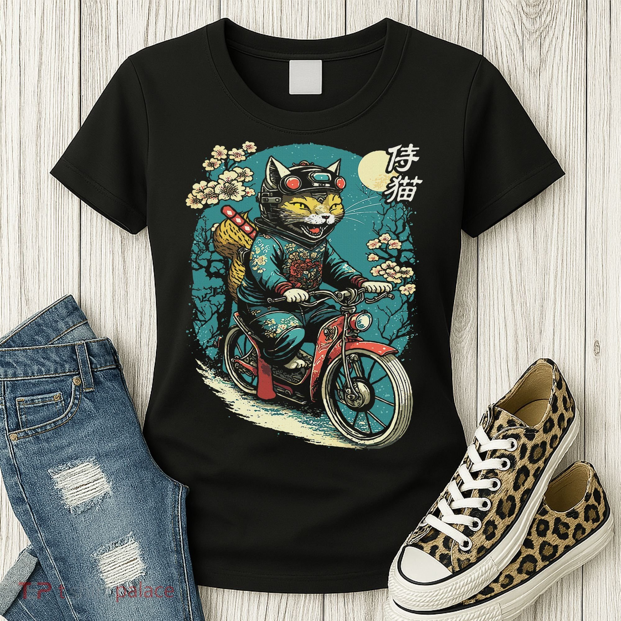 Japanese Samurai Cat On Motorcycle Kawaii Ninja Cat Women's T-Shirt