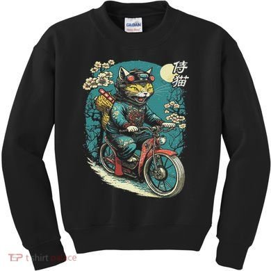 Japanese Samurai Cat On Motorcycle Kawaii Ninja Cat Kids Sweatshirt