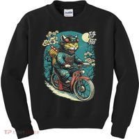 Japanese Samurai Cat On Motorcycle Kawaii Ninja Cat Kids Sweatshirt thumb 0