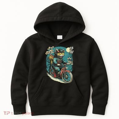 Japanese Samurai Cat On Motorcycle Kawaii Ninja Cat Kids Hoodie