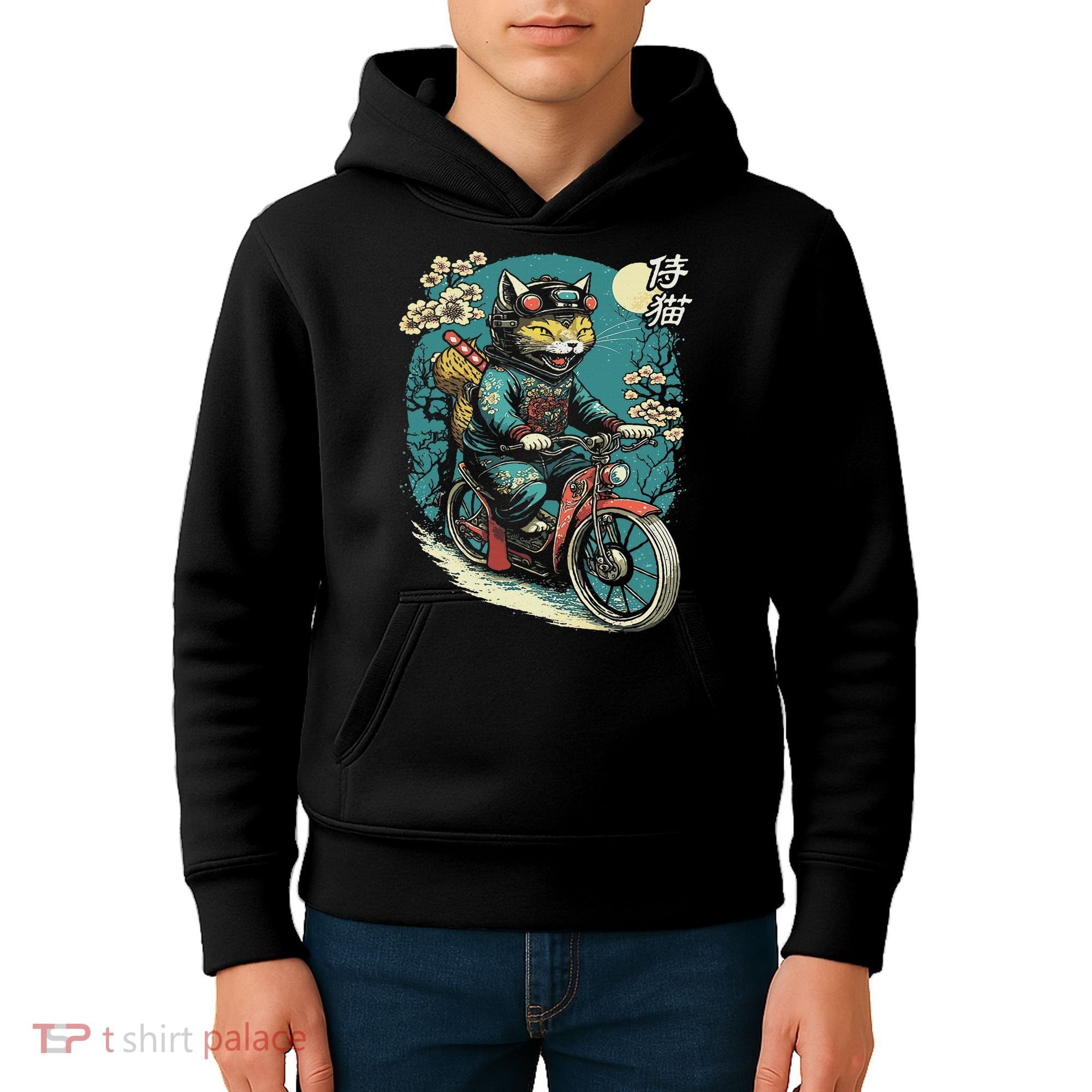 Japanese Samurai Cat On Motorcycle Kawaii Ninja Cat Kids Hoodie