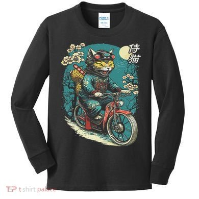 Japanese Samurai Cat On Motorcycle Kawaii Ninja Cat Kids Long Sleeve Shirt
