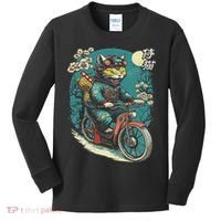 Japanese Samurai Cat On Motorcycle Kawaii Ninja Cat Kids Long Sleeve Shirt thumb 0