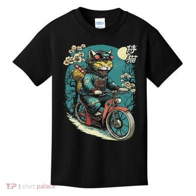 Japanese Samurai Cat On Motorcycle Kawaii Ninja Cat Kids T-Shirt