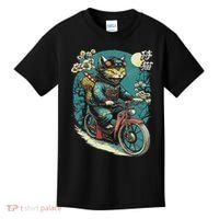 Japanese Samurai Cat On Motorcycle Kawaii Ninja Cat Kids T-Shirt thumb 0