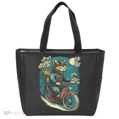 Japanese Samurai Cat On Motorcycle Kawaii Ninja Cat Tote Bag
