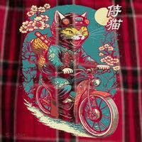 Japanese Samurai Cat On Motorcycle Kawaii Ninja Cat Men's Flannel Plaid Pajama Pants thumb 2
