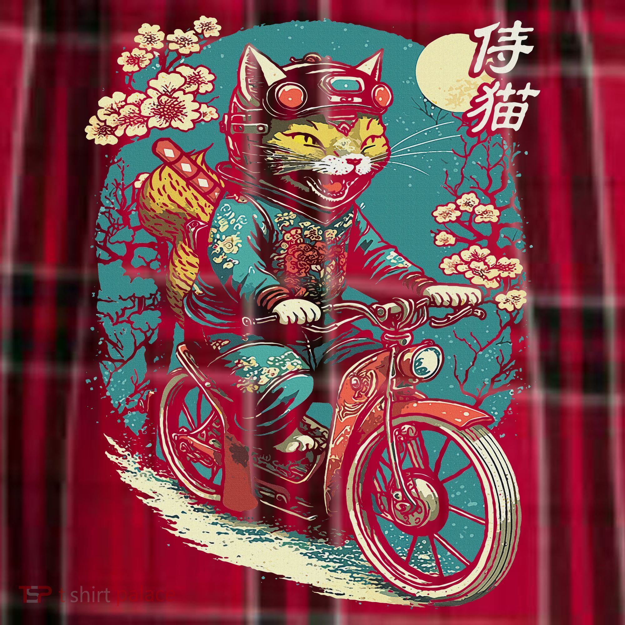 Japanese Samurai Cat On Motorcycle Kawaii Ninja Cat Men's Flannel Plaid Pajama Pants