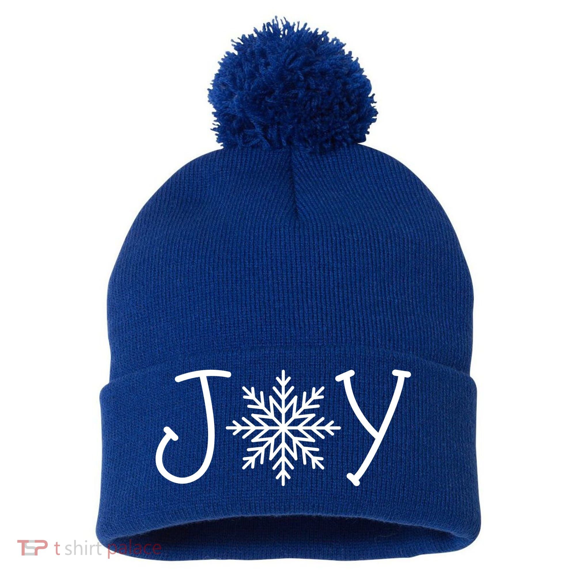 Joy Snowflake Christmas Pom Pom 12in Knit Beanie