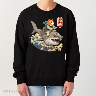 Japanese Samurai Cat Shark Ninja Cat Tattoo Kitten Women's Sweatshirt