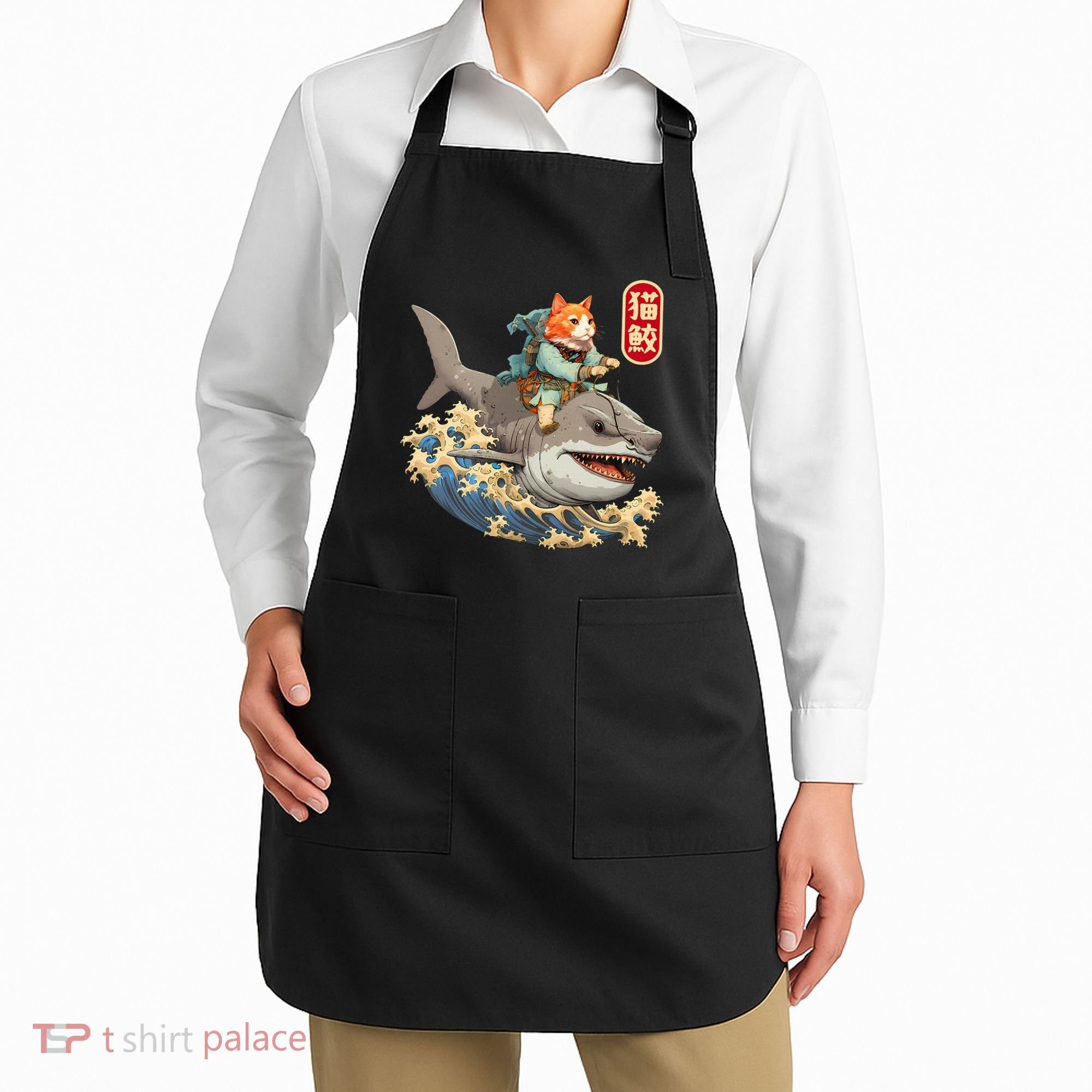 Japanese Samurai Cat Shark Ninja Cat Tattoo Kitten Apron