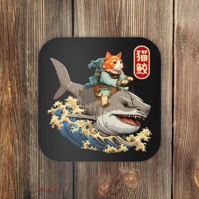Japanese Samurai Cat Shark Ninja Cat Tattoo Kitten Coaster
