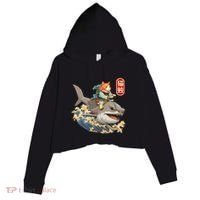 Japanese Samurai Cat Shark Ninja Cat Tattoo Kitten Crop Fleece Hoodie thumb 0