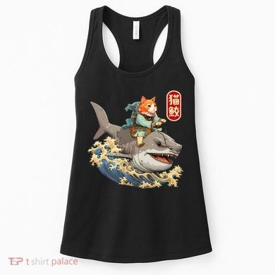 Japanese Samurai Cat Shark Ninja Cat Tattoo Kitten Women's Tank Top