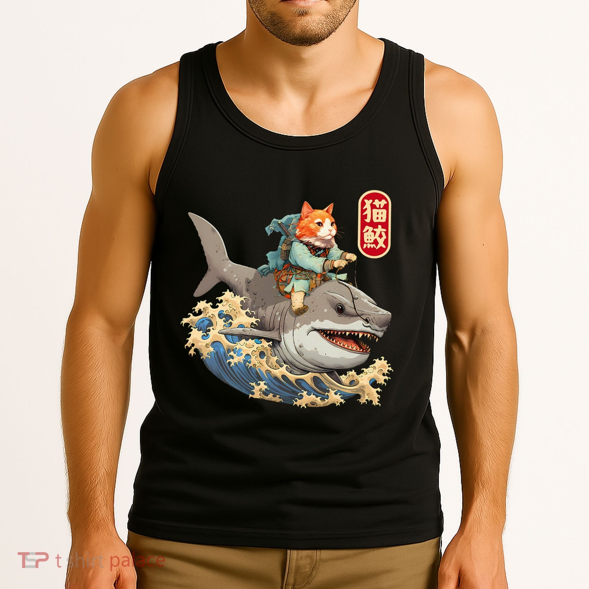 Japanese Samurai Cat Shark Ninja Cat Tattoo Kitten Tank Top