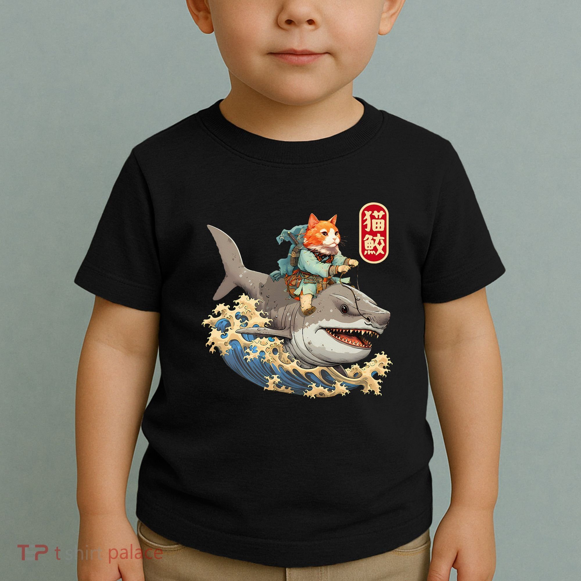 Japanese Samurai Cat Shark Ninja Cat Tattoo Kitten Toddler T-Shirt