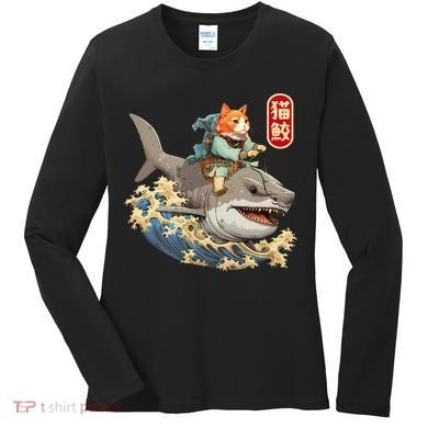 Japanese Samurai Cat Shark Ninja Cat Tattoo Kitten Women's Long Sleeve Shirt