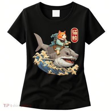 Japanese Samurai Cat Shark Ninja Cat Tattoo Kitten Women's T-Shirt
