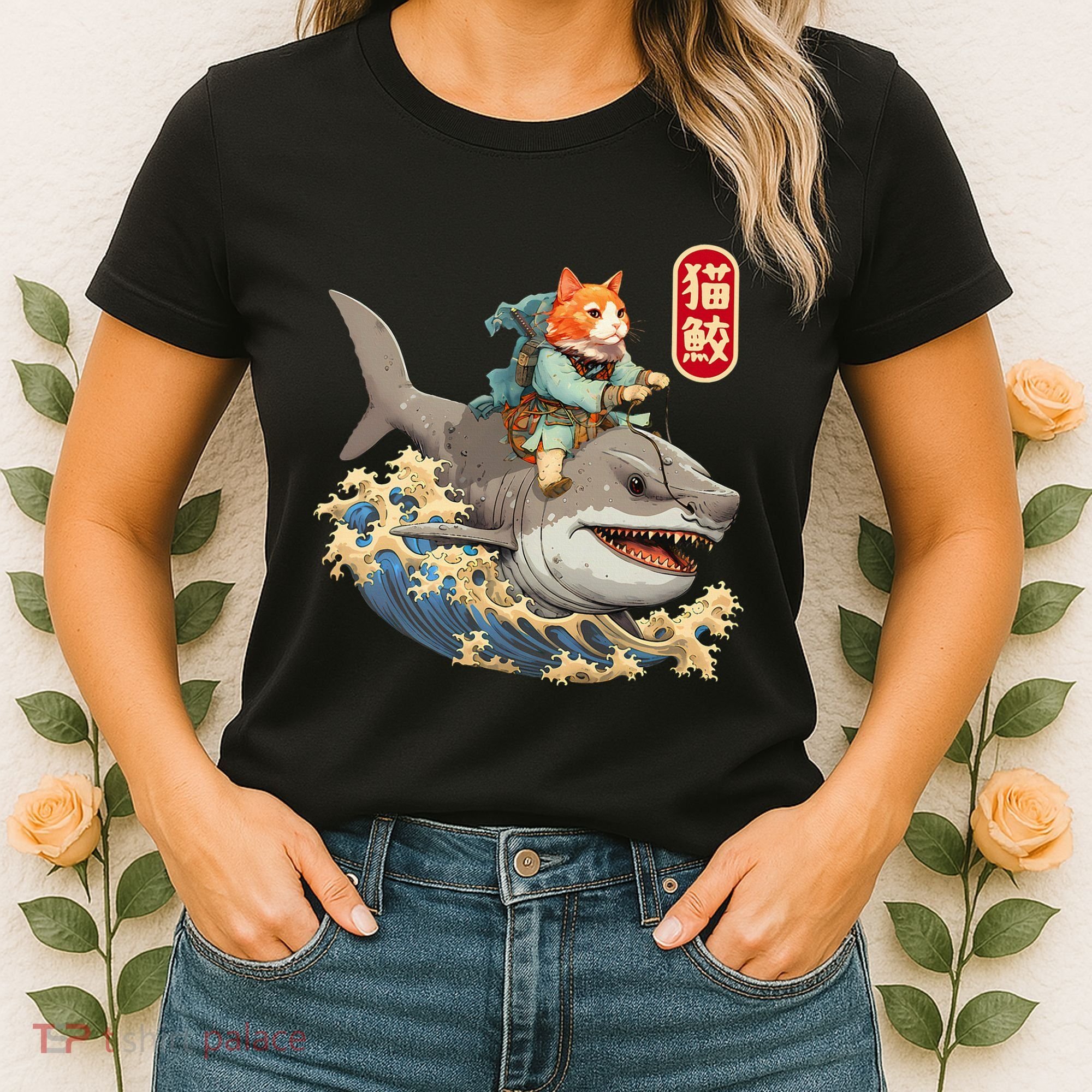 Japanese Samurai Cat Shark Ninja Cat Tattoo Kitten Women's T-Shirt