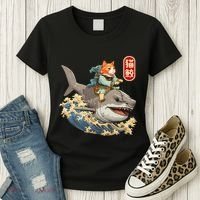 Japanese Samurai Cat Shark Ninja Cat Tattoo Kitten Women's T-Shirt thumb 3